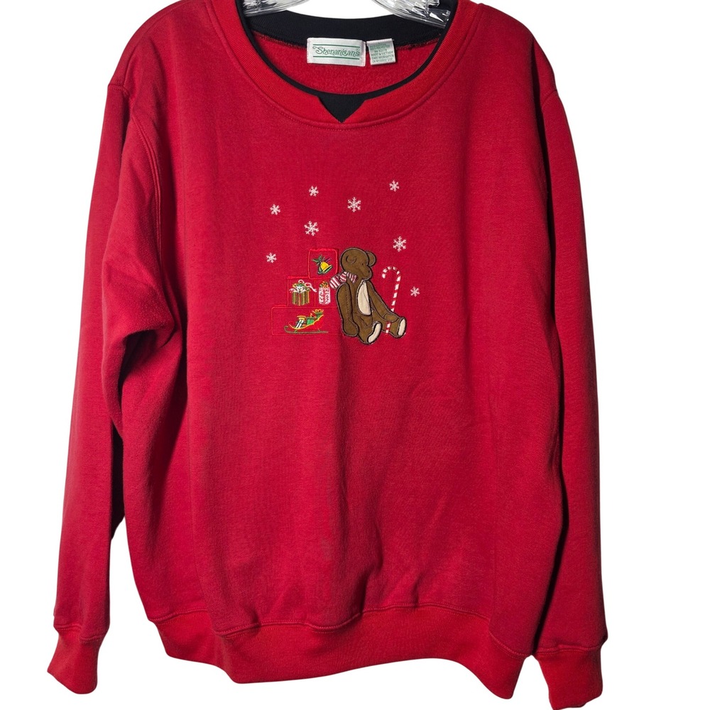 Shenanigans Red Christmas Teddy Bear Embroidered Sweatshirt Large Holiday Retro